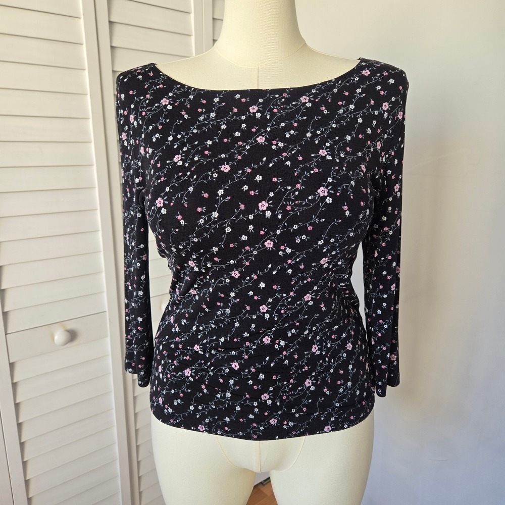Frazier Lawrence Black Floral Boat Neck 3/4 Sleeve Top L Cottage Soft Girl Y2K